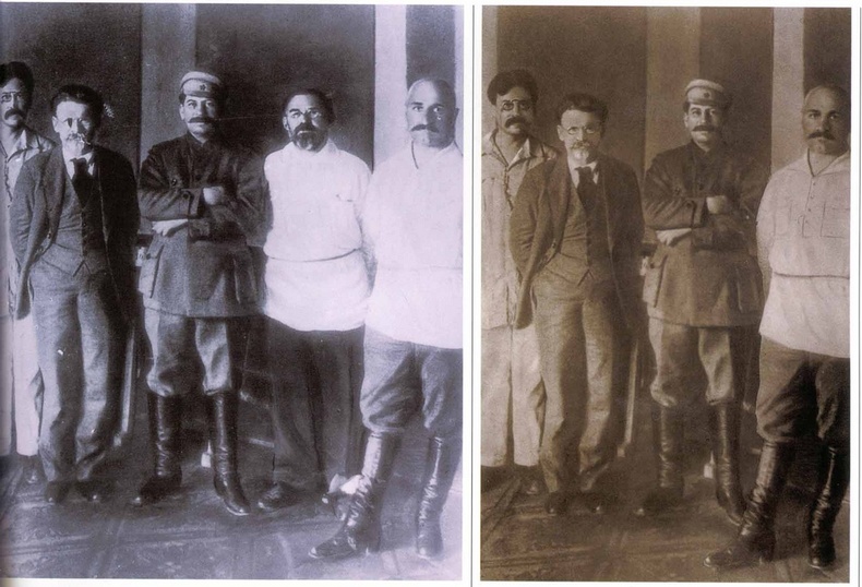 Участники XI съезда РКП, 1922 г., Москва. Слева направо: Э. Ярославский, М. Калинин, И. Сталин, Г. Петровский, С. Орджоникидзе. На этом съезде Сталин был избран генеральным секретарем ЦК. Версия фотоальбома была издана в 1939 году к 60-летию вождя. Петровского больше нет. В 1928 году его уволили со всех позиций, обвинив в том, что он «враг народа».